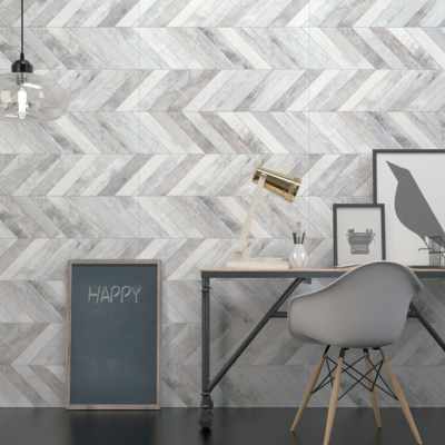 grey herringbone tile accent wall in home office