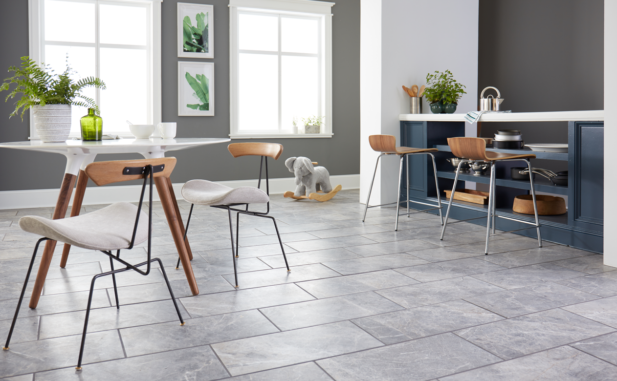 grey tile flooring in a dining area
